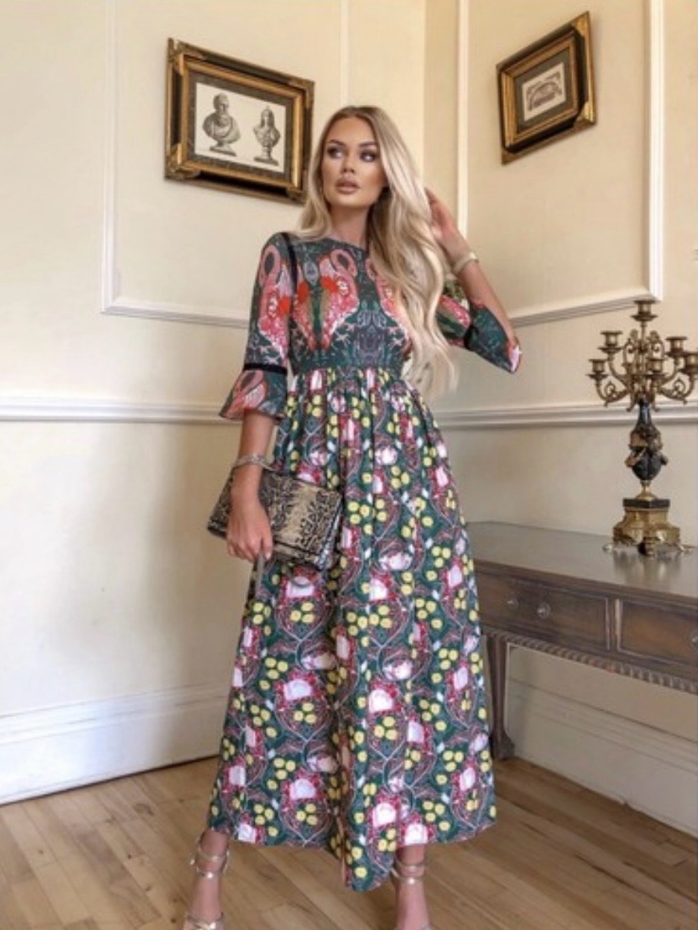 Comino Couture Green Flamingo Print Maxi Dress Womens UK 10/US 6 Tropical Summer